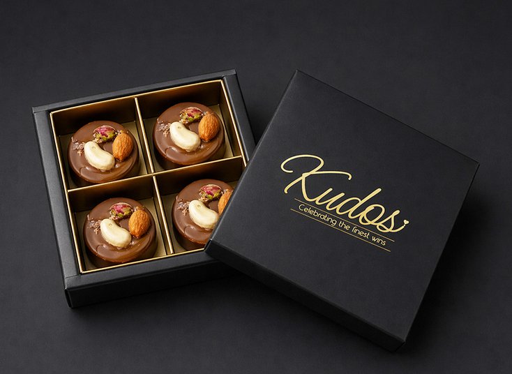 Kudos 4 piece premium handcrafted chocolate box, open, on a dark background